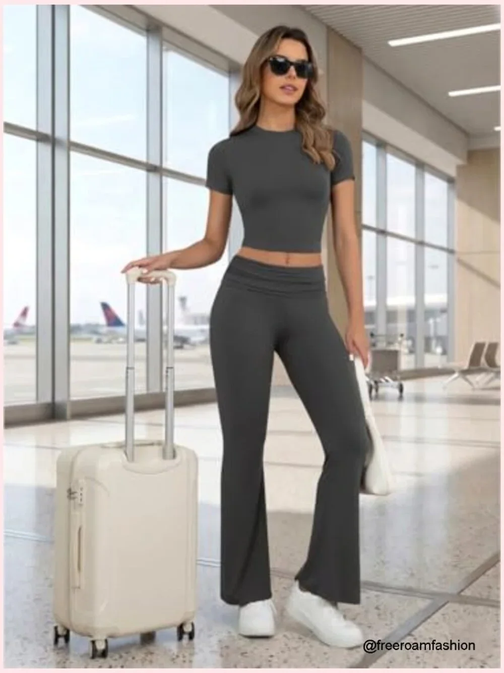 Two Piece Lounge Set - Crop Top & Flare Pants Travel Outfit - Picture 3 of 7
